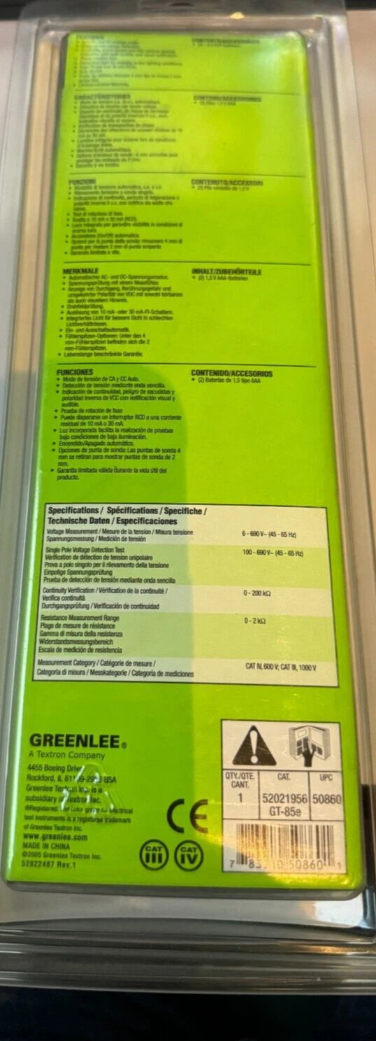GREENLEE GT-85E 52021956 BIPOLAR VOLTAGE & CONTINUITY TESTER, CAT III 600V