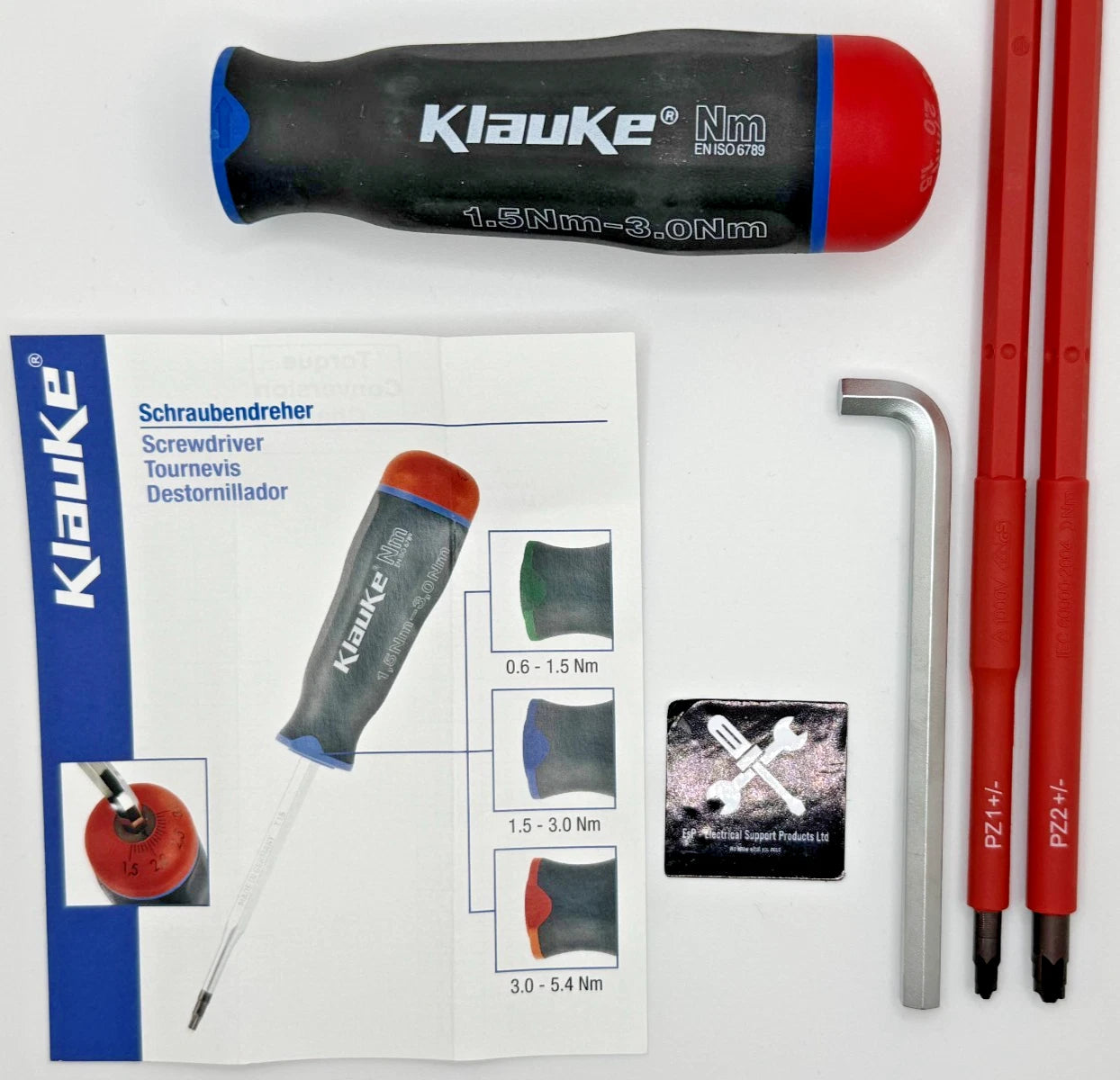 KLAUKE KLE3883013 TORQUE SCREWDRIVER HANDLE 1.5-30Nm, comes with Z1 & Z2 bits
