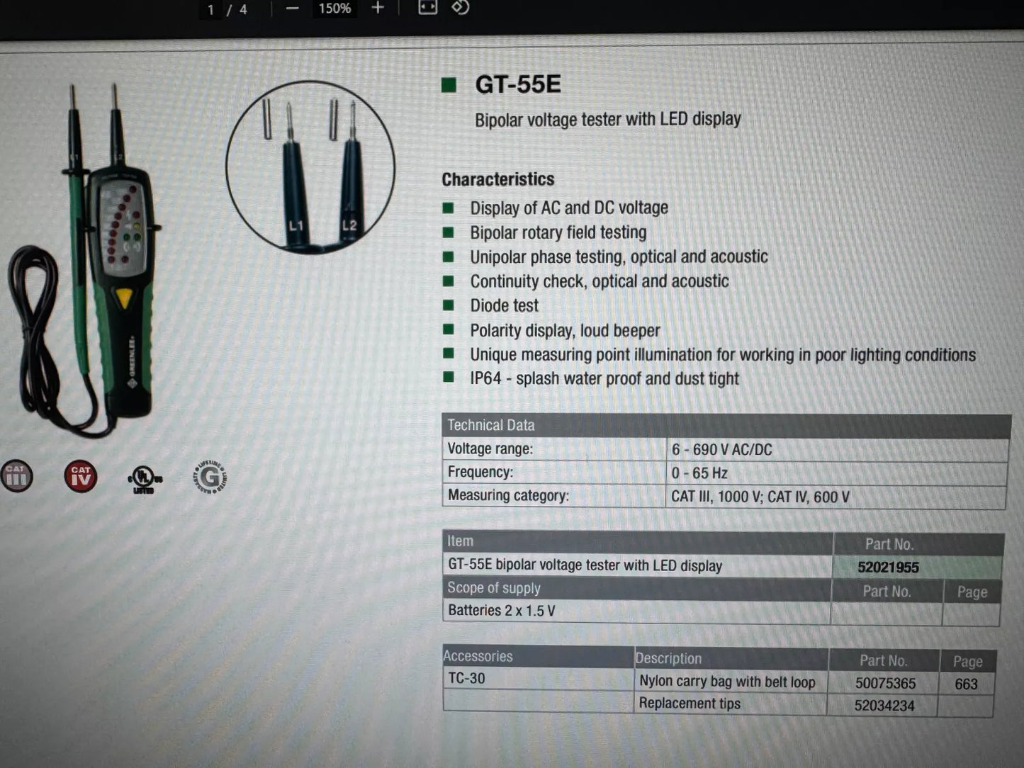 GREENLEE GT-55E 52021955 VOLTAGE & CONTINUITY TESTER. BIPOLAR METER READER