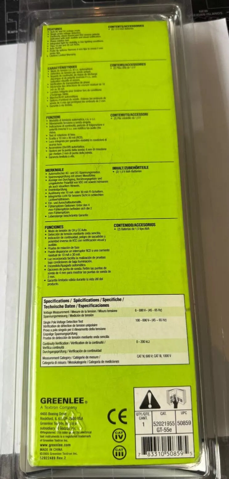 GREENLEE GT-55E 52021955 VOLTAGE & CONTINUITY TESTER. BIPOLAR METER READER
