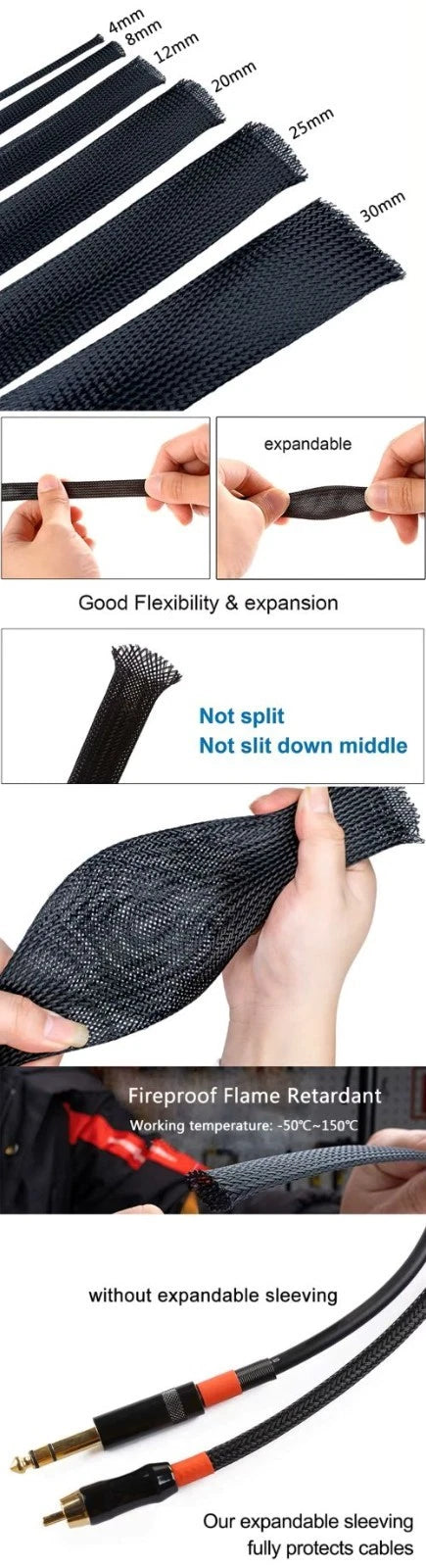 Supaflex Braided Sleeving Woven Sheath – Grey or Black – Range 3mm–73mm (1Mtr)